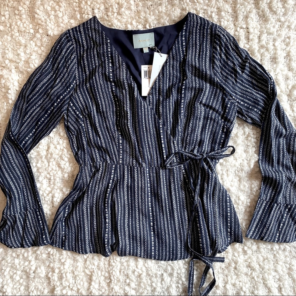 NWT Skies are Blue Bell Sleeve Faux Wrap Peplum Blouse Blue & Gold Shimmer
